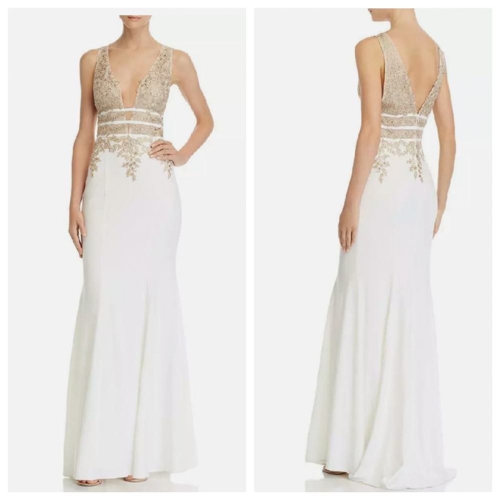 USED AQUA Plunging Beaded Sequin Embellished V Neck Formal Evening Maxi Gown